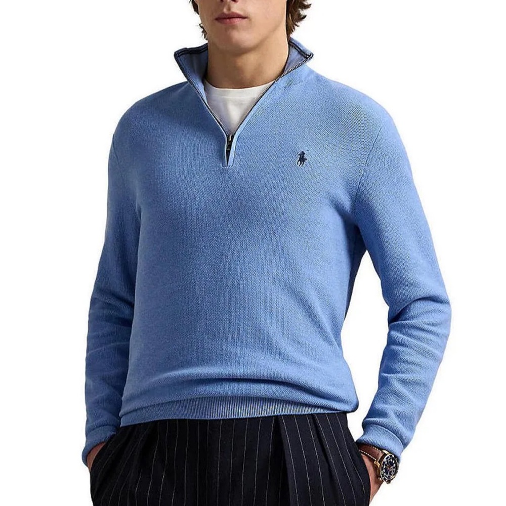 Ralph Lauren Polo Men’s Quarter-Zip Mesh-Knit Sweater in Royal Heather Blue